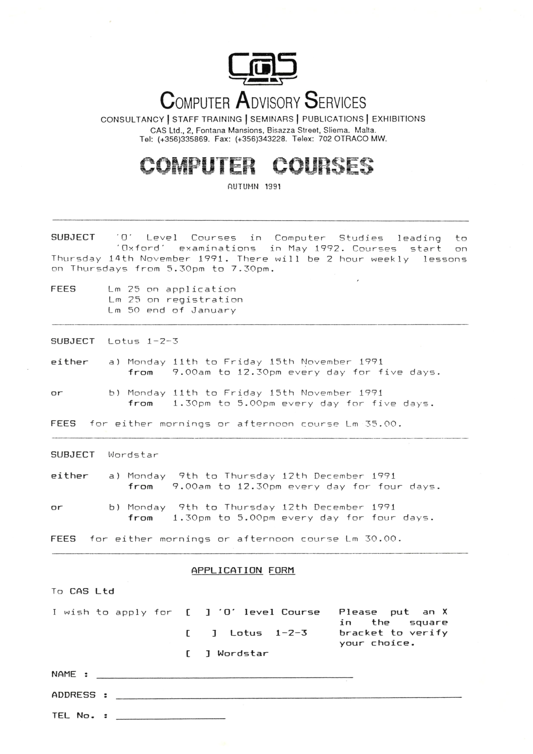 CAS Offered Courses in 1991